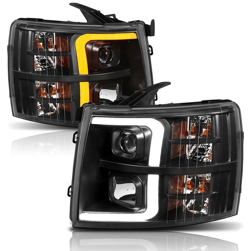 ANZO | Projector Headlights w/ Plank Style Switchback Black w/ Amber - Chevrolet / GMC 2007-2014