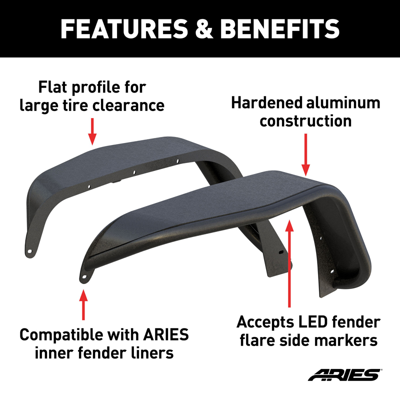 ARIES | Black Aluminum Front Fender Flares - Wrangler (JK) Unlimited 3.6L / 3.8L 2007-2018