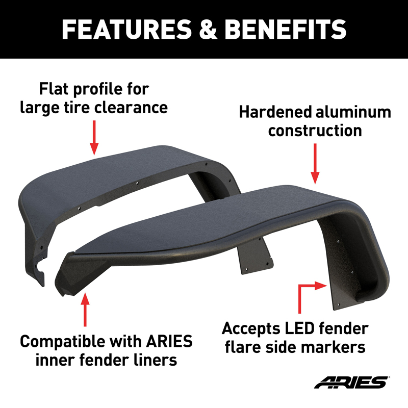 ARIES | Black Aluminum Front Fender Flares - Wrangler (JL) Unlimited 2018-2022