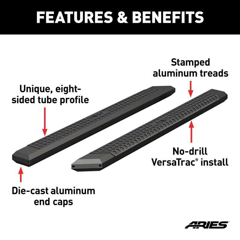 ARIES | AdvantEDGE 5-1/2in x 85in Black Aluminum Side Bars (No Brackets) - Chevrolet / Dodge / Ford / GMC / Honda / Nissan / Toy