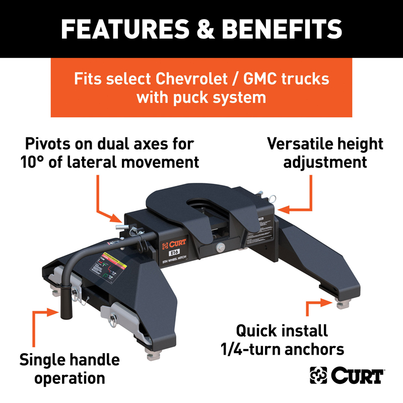 CURT | E16 5th Wheel Hitch - Silverado / Sierra 2500 HD / 3500 HD 6.0L / 6.6L 2016-2019