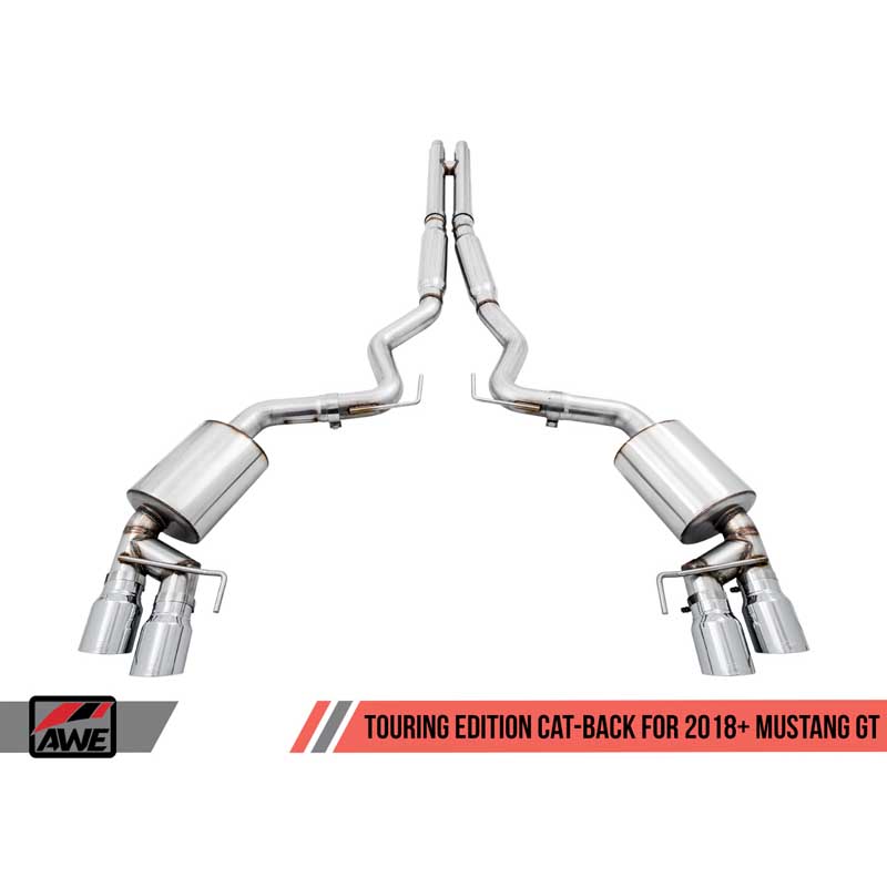 AWE Tuning | Touring Cat-Back Exhaust Quad 4" Black Tips - Mustang GT / Bullitt 5.0L 2018-2023