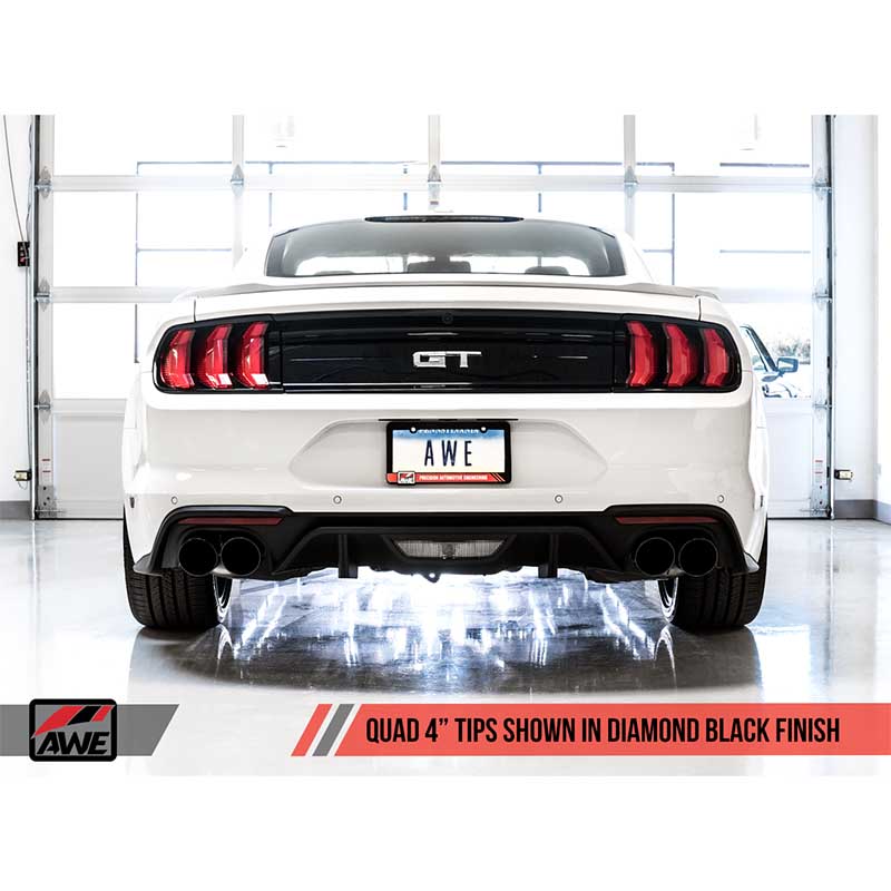 AWE Tuning | Touring Cat-Back Exhaust Quad 4" Black Tips - Mustang GT / Bullitt 5.0L 2018-2023