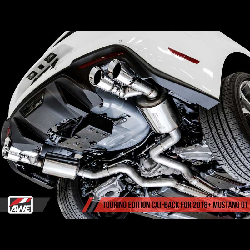 AWE Tuning | Touring Cat-Back Exhaust Quad 4" Black Tips - Mustang GT / Bullitt 5.0L 2018-2023