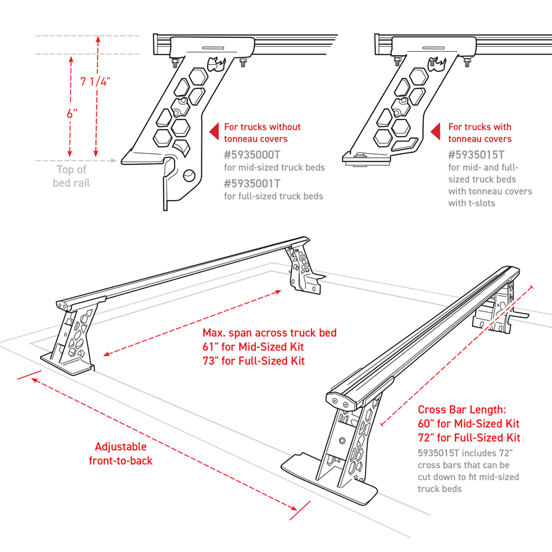 Go Rhino | XRS Cross Bars - Truck Bed Rail Kit for Mid-Sized Trucks w/o Tonneau Covers - Chevrolet / Ford / GMC / Jeep / Nissan 