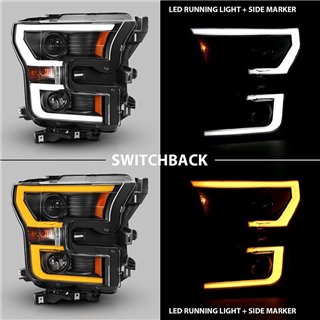 ANZO | Projector Headlights w/ Plank Style Switchback Black w/ Amber - F-150 2.7T / 3.5L / 5.0L 2015-2017