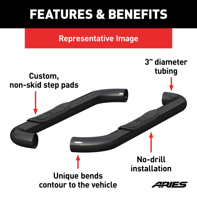 ARIES | 3" Round Black Steel Side Bars - Chevrolet / GMC 2007-2018