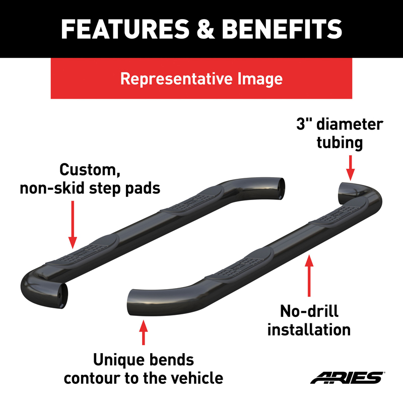ARIES | 3" Round Black Steel Side Bars - Ram 1500 / Classic / 2500 / 3500 2009-2022