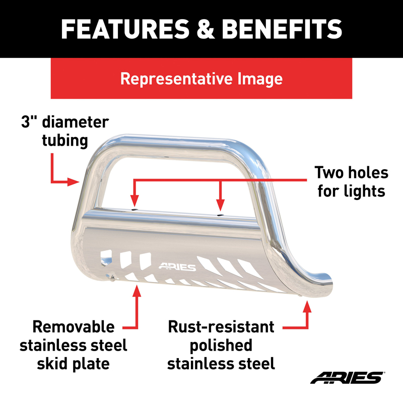ARIES | 3" Polished Stainless Bull Bar - Ram 1500 3.6L / 5.7L / 6.2L 2019-2022