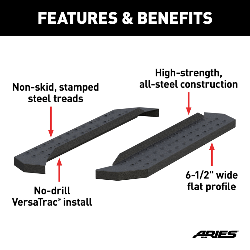 ARIES | RidgeStep 6-1/2" x 53" Black Steel Running Boards (No Brackets) - Chevrolet / Dodge / Ford / GMC 2000-2023
