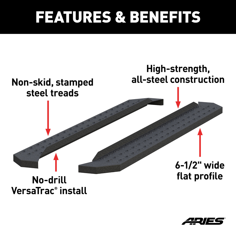 ARIES | RidgeStep 6-1/2" x 75" Black Steel Running Boards (No Brackets) - Chevrolet / Dodge / Ford / GMC 2000-2023