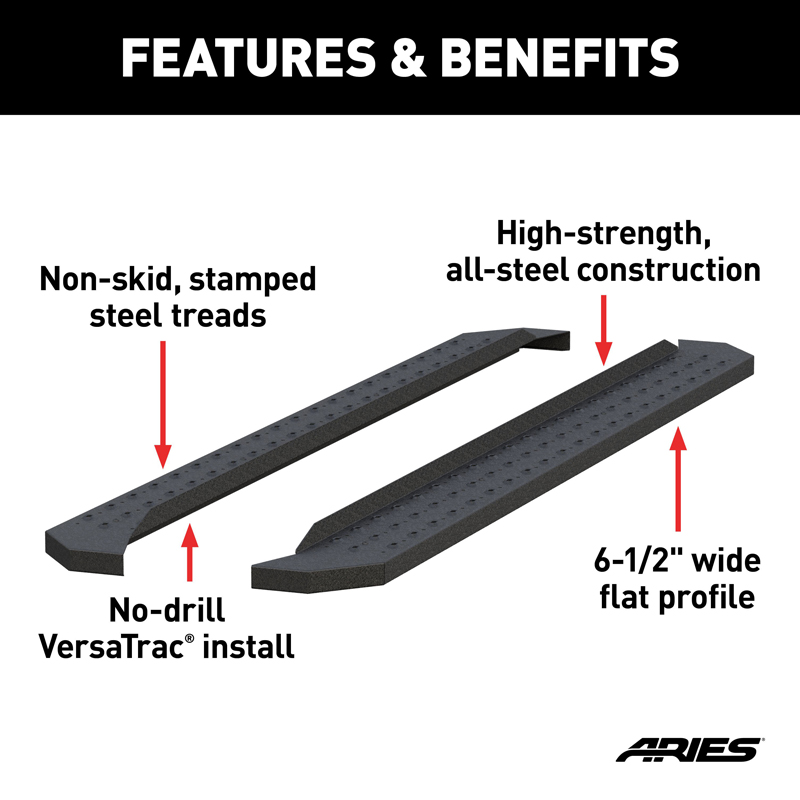 ARIES | RidgeStep 6-1/2" x 85" Black Steel Running Boards (No Brackets) - Chevrolet / Dodge / Ford / GMC / Honda / Nissan / Toyo