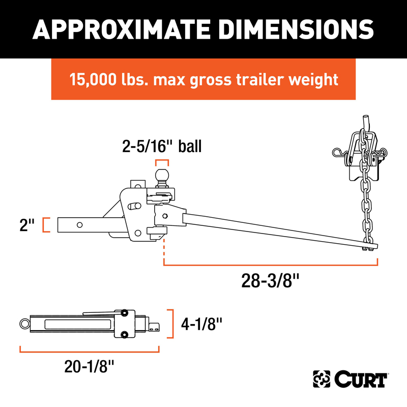 CURT | Short Trunnion Bar Weight Distribution Hitch with Sway Control (10-15K, 28-3/8")
