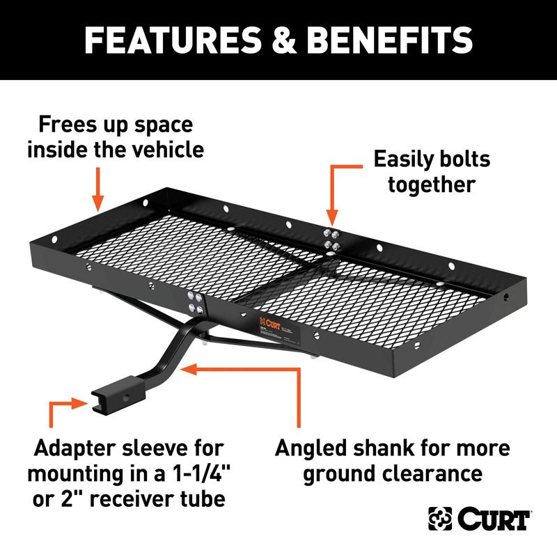 CURT | 48" x 20" Black Steel Tray Cargo Carrier (1-1/4", 2" Adapter, 300 lbs.)