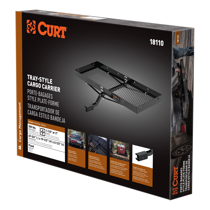 CURT | 48" x 20" Black Steel Tray Cargo Carrier (1-1/4", 2" Adapter, 300 lbs.)