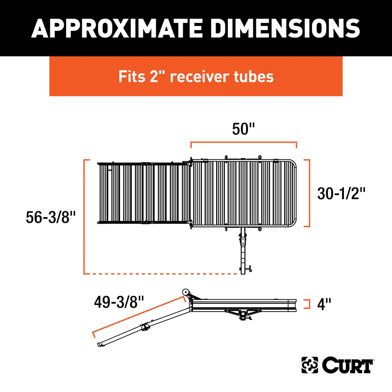 CURT | 50" x 30" Black Aluminum Hitch Cargo Carrier with Ramp (Folding 2" Shank)