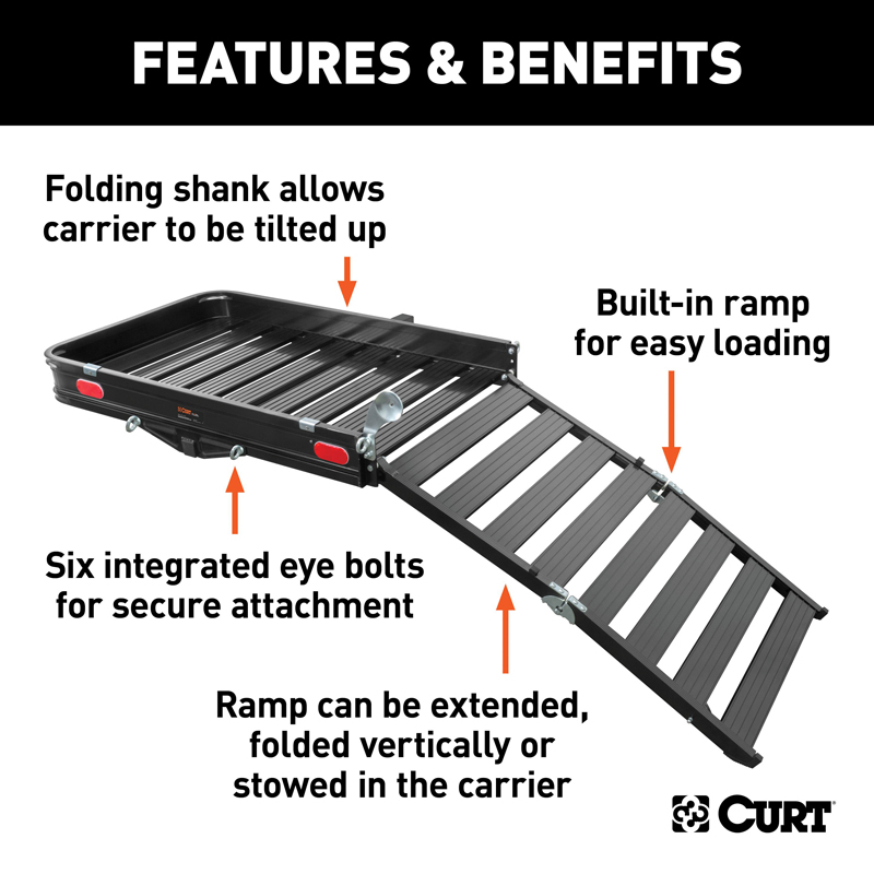 CURT | 50" x 30" Black Aluminum Hitch Cargo Carrier with Ramp (Folding 2" Shank)