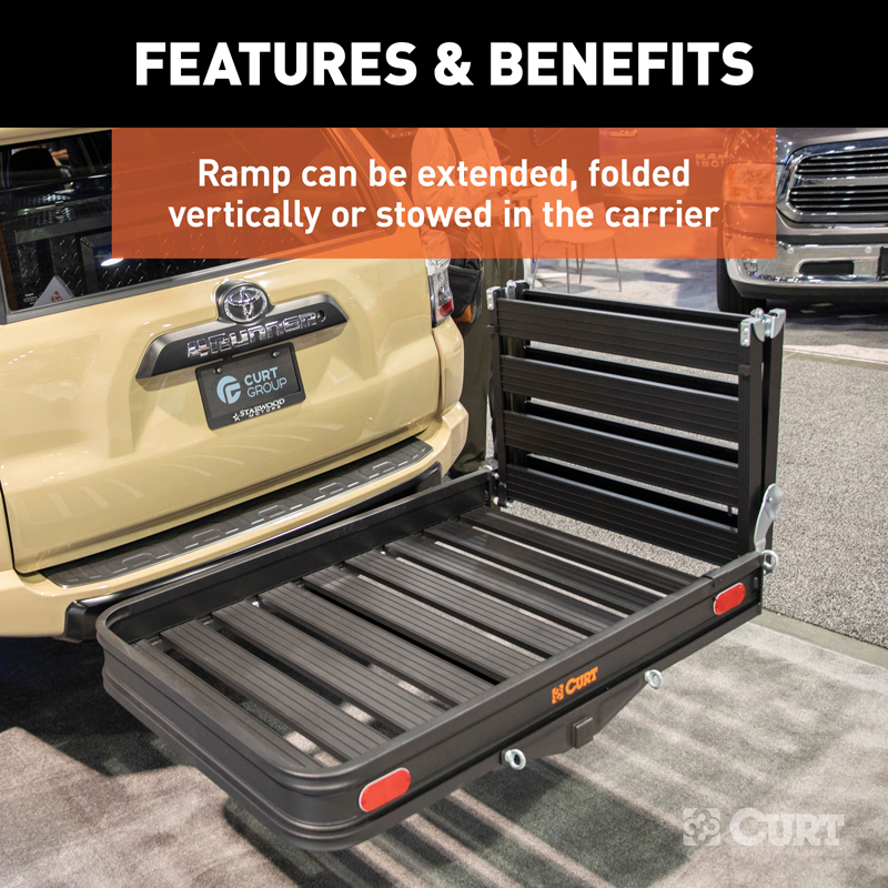 CURT | 50" x 30" Black Aluminum Hitch Cargo Carrier with Ramp (Folding 2" Shank)