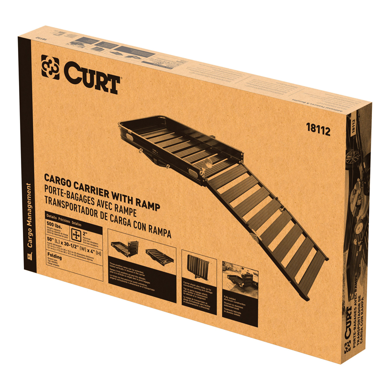 CURT | 50" x 30" Black Aluminum Hitch Cargo Carrier with Ramp (Folding 2" Shank)