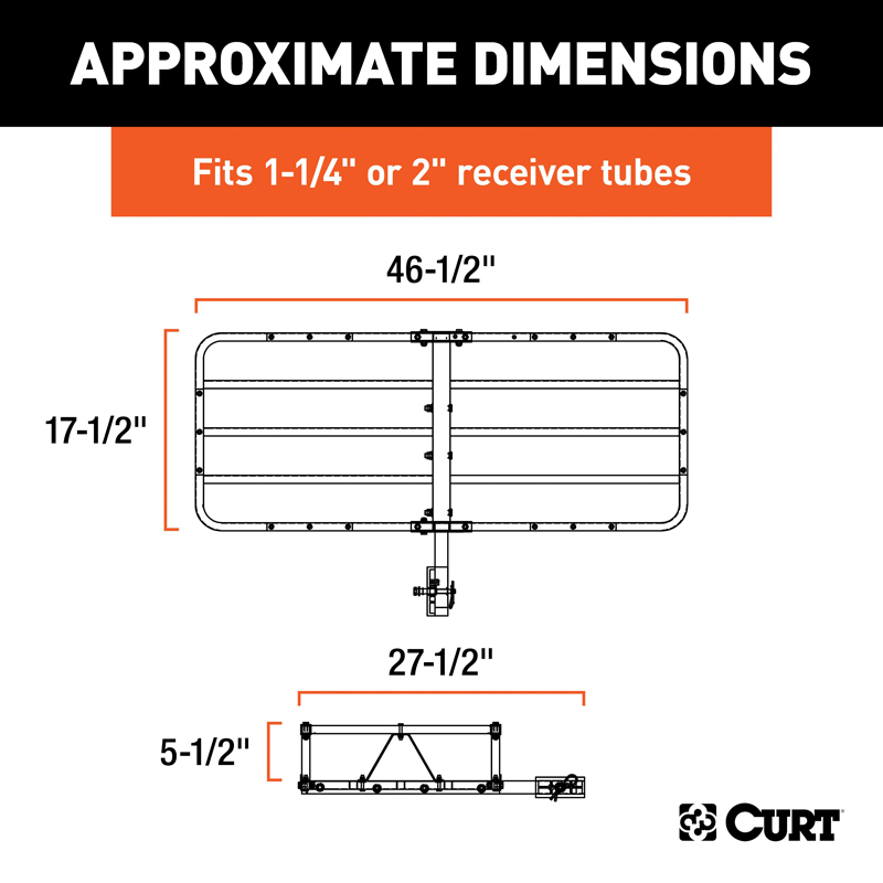CURT | 48" x 20" Black Steel Basket Cargo Carrier (1-1/4", 2" Adapter, 500 lbs.)