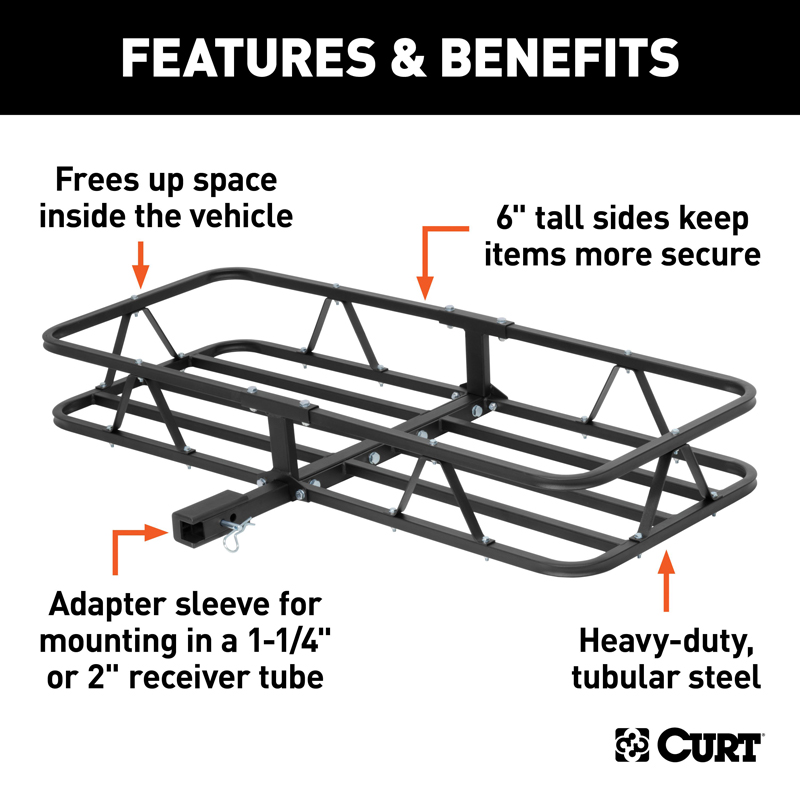 CURT | 48" x 20" Black Steel Basket Cargo Carrier (1-1/4", 2" Adapter, 500 lbs.)