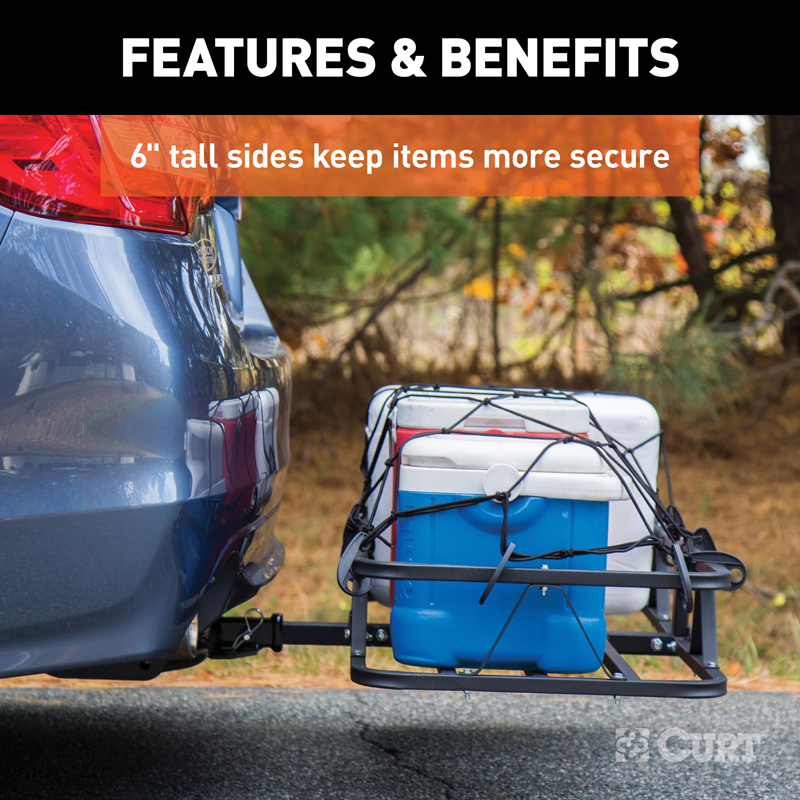 CURT | 48" x 20" Black Steel Basket Cargo Carrier (1-1/4", 2" Adapter, 500 lbs.)