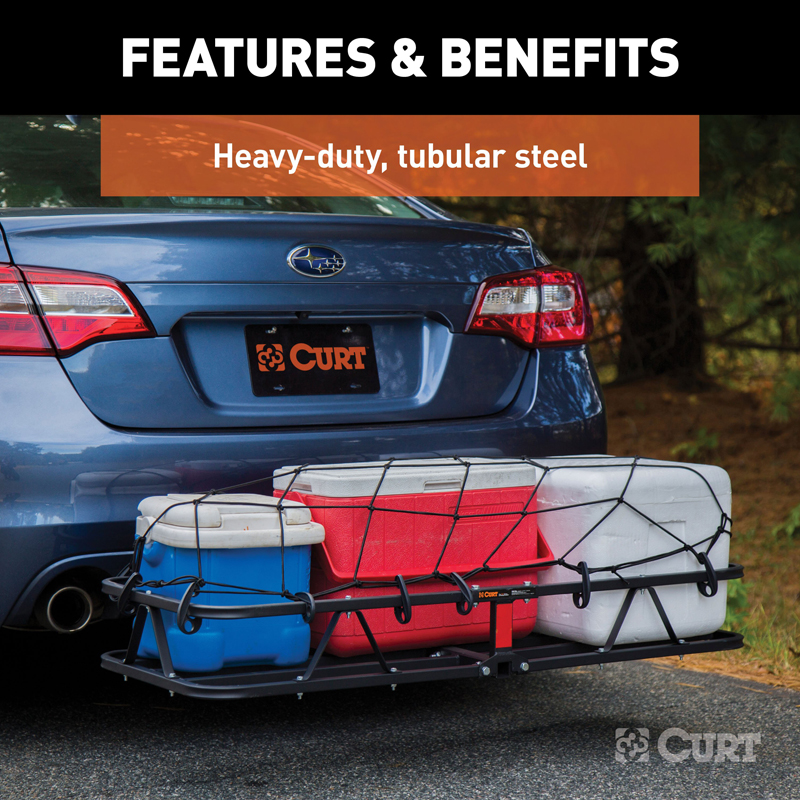 CURT | 48" x 20" Black Steel Basket Cargo Carrier (1-1/4", 2" Adapter, 500 lbs.)