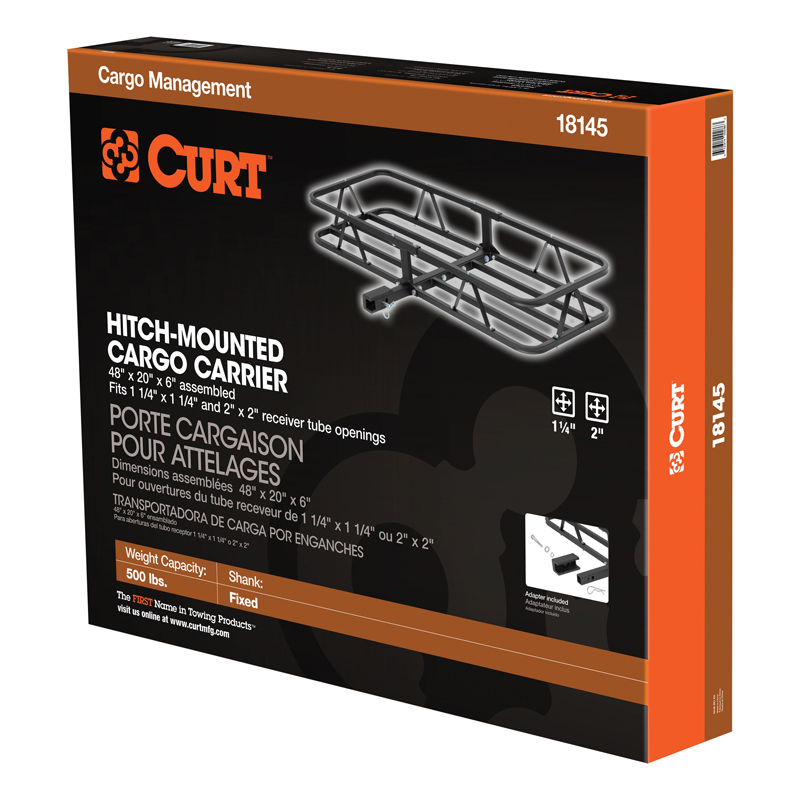 CURT | 48" x 20" Black Steel Basket Cargo Carrier (1-1/4", 2" Adapter, 500 lbs.)