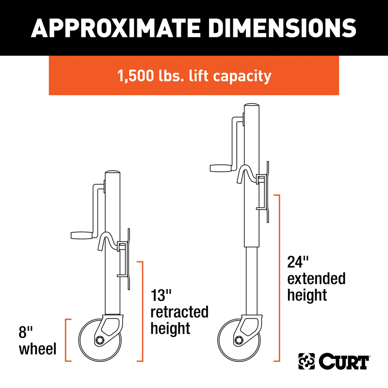 CURT | Marine Jack with 8" Wheel (1,500 lbs, 10" Travel)