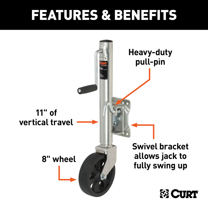 CURT | Marine Jack with 8" Wheel (1,500 lbs, 10" Travel)