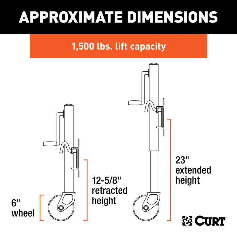 CURT | Marine Jack with Dual 6" Wheels (1,500 lbs, 10" Travel)