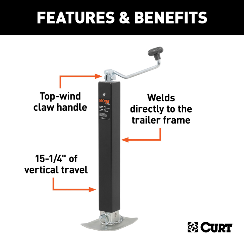CURT | Direct-Weld Square Jack with Top Handle (8,000 lbs, 15" Travel)