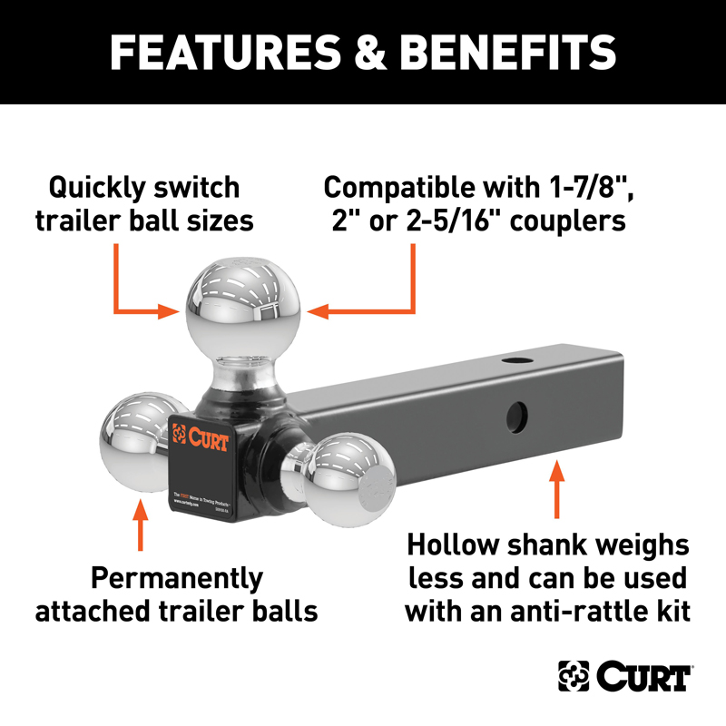 CURT | Multi-Ball Mount (2" Hollow Shank, 1-7/8", 2" & 2-5/16" Chrome Balls)