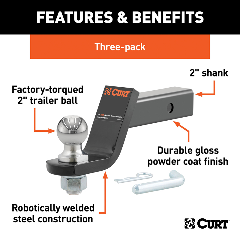 CURT | Loaded Ball Mounts with 2" Balls (2" Shank, 7,500 lbs., 4" Drop, 3-Pack)