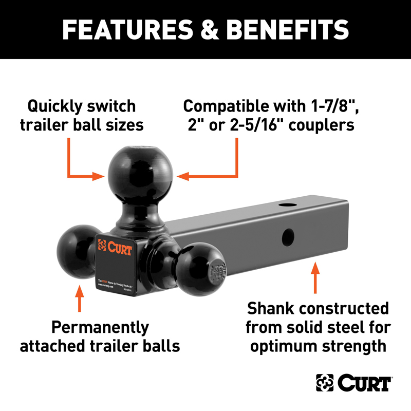 CURT | Multi-Ball Mount (2" Solid Shank, 1-7/8", 2" & 2-5/16" Black Balls)