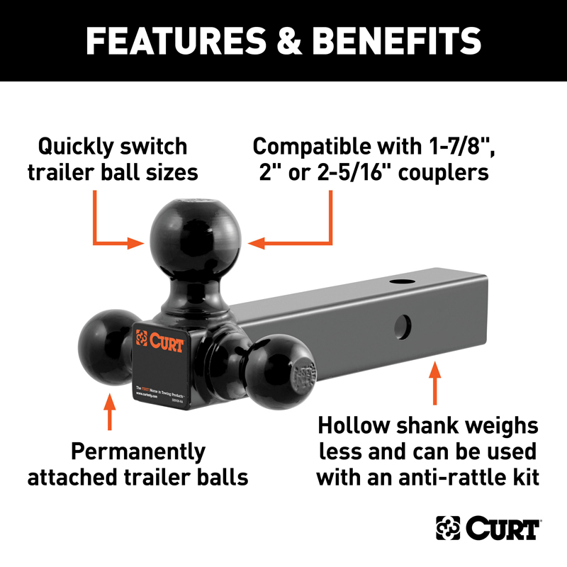 CURT | Multi-Ball Mount (2" Hollow Shank, 1-7/8", 2" & 2-5/16" Black Balls)