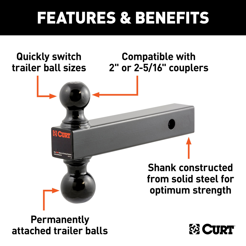 CURT | Multi-Ball Mount (2" Solid Shank, 2" & 2-5/16" Black Balls)