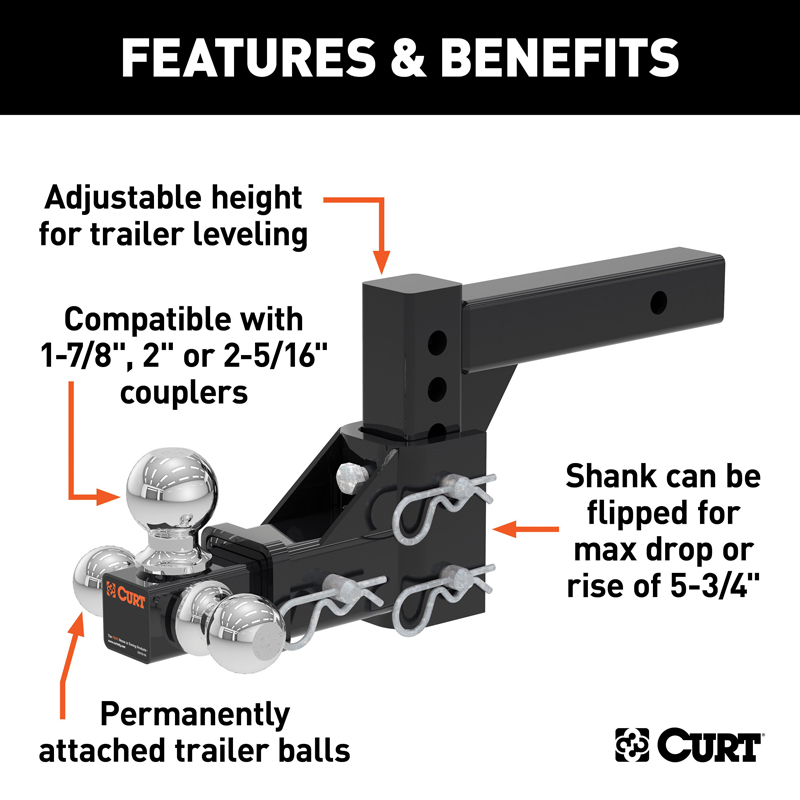 CURT | Adjustable Tri-Ball Mount (2" Shank, 1-7/8", 2" & 2-5/16" Balls)