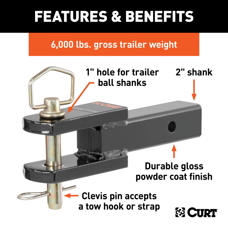 CURT | Clevis Pin Ball Mount with 1" Diameter Pin (2" Shank, 6,000 lbs.)
