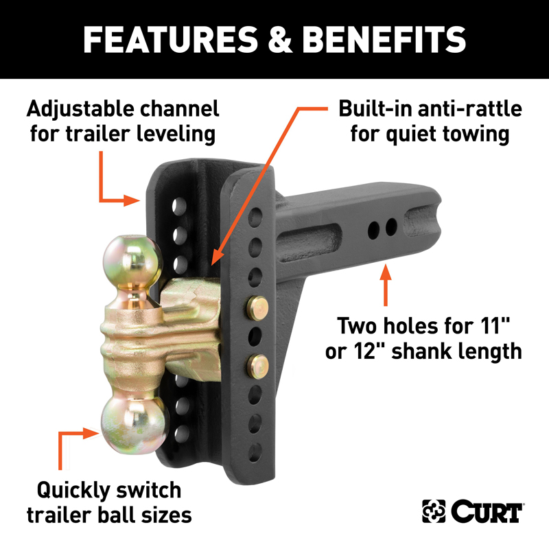 CURT | Adjustable Channel Mount with Dual Ball (2-1/2" Shank, 20,000 lbs., 6" Drop)