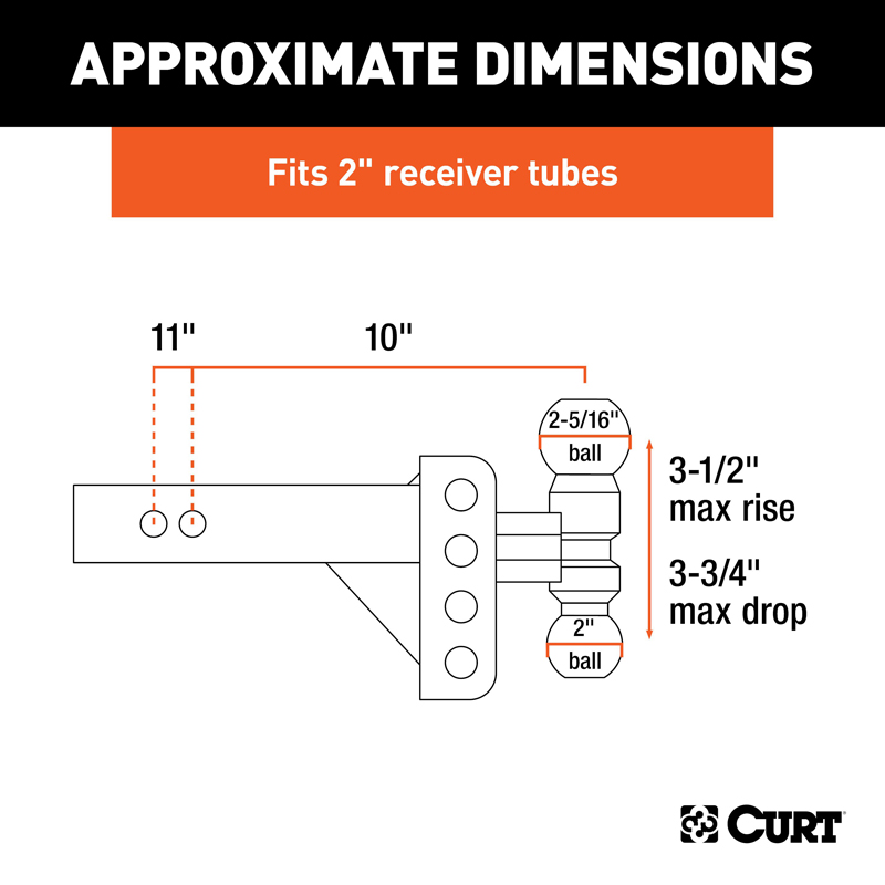 CURT | Slim Adjustable Channel Mount with Dual Ball (2" Shank, 10K, 3-3/4" Drop)