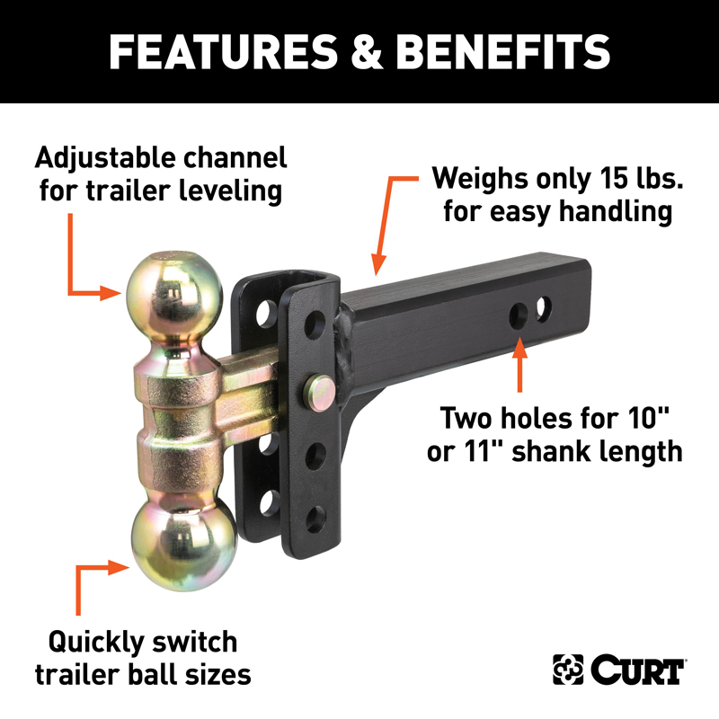 CURT | Slim Adjustable Channel Mount with Dual Ball (2" Shank, 10K, 3-3/4" Drop)