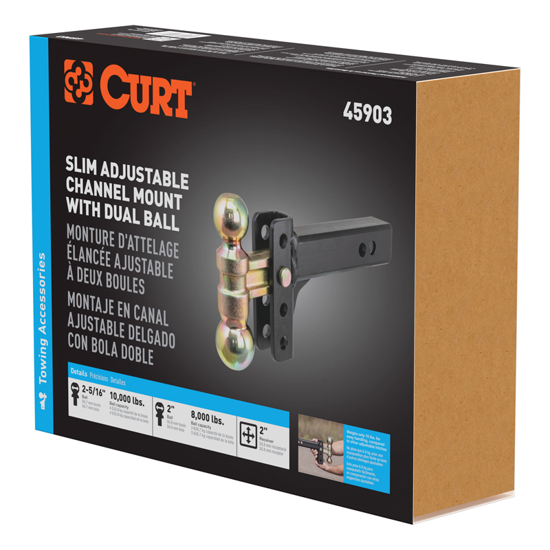 CURT | Slim Adjustable Channel Mount with Dual Ball (2" Shank, 10K, 3-3/4" Drop)