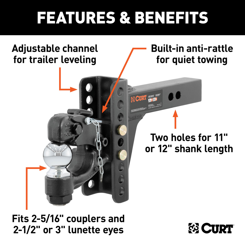 CURT | Adjustable Channel Mount with 2-5/16" Ball & Pintle (2" Shank, 13,000 lbs.)