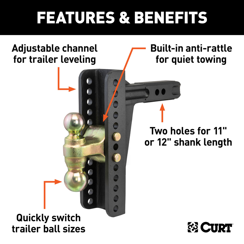 CURT | Adjustable Channel Mount with Dual Ball (2" Shank, 14,000 lbs., 10-1/8" Drop)