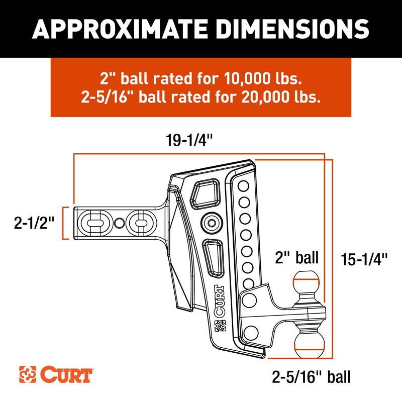 CURT | Rebellion XD Adjustable Cushion Hitch (2-1/2" Shank, 2", 2-5/16" Balls, 20K)