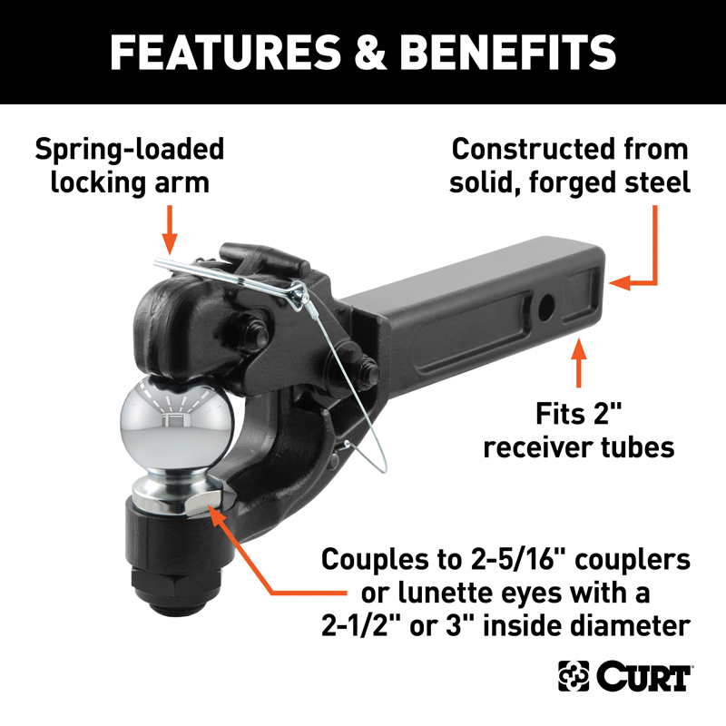 CURT | Receiver-Mount Ball & Pintle Hitch (2" Shank, 2-5/16" Ball, 12,000 lbs.)