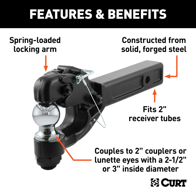 CURT | Receiver-Mount Ball & Pintle Hitch (2" Shank, 2" Ball, 10,000 lbs.)