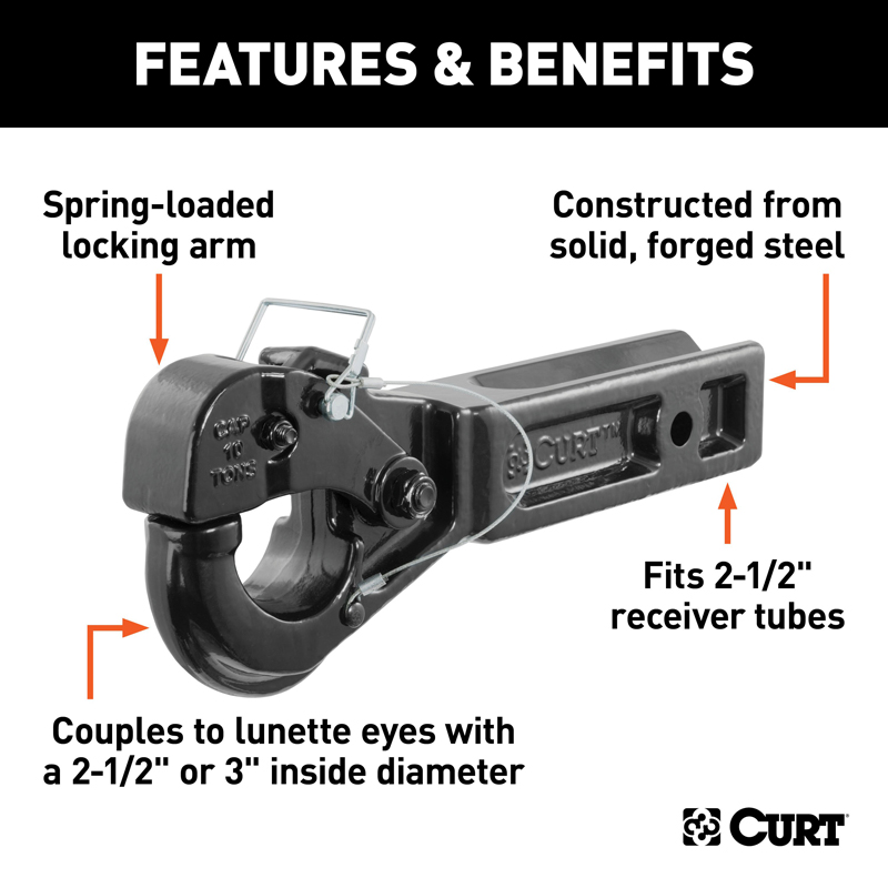 CURT | Receiver-Mount Pintle Hook (2-1/2" Shank, 20,000 lbs., 2-1/2" Lunette Rings)