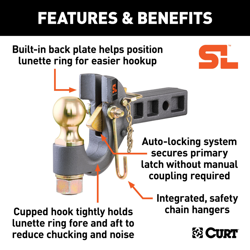 CURT | SecureLatch Receiver-Mount Ball & Pintle Hitch (2" Shank, 2-5/16" Ball, 14K)